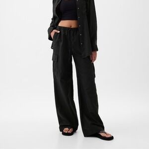 NWT! GAP Black Linen-Cotton Cargo Pull On Wide Leg Pants #855963